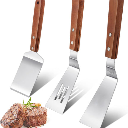 3 Pieces Stainless Steel Cooking Spatula Set Flat Top Metal Spatula Stainless Steel Wire Cheese Cutter Tool Slotted Spatula with Wooden Handle for Grilling Frying and Cooking.