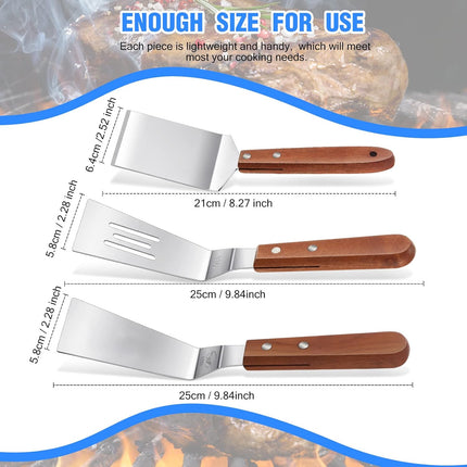 3 Pieces Stainless Steel Cooking Spatula Set Flat Top Metal Spatula Stainless Steel Wire Cheese Cutter Tool Slotted Spatula with Wooden Handle for Grilling Frying and Cooking.