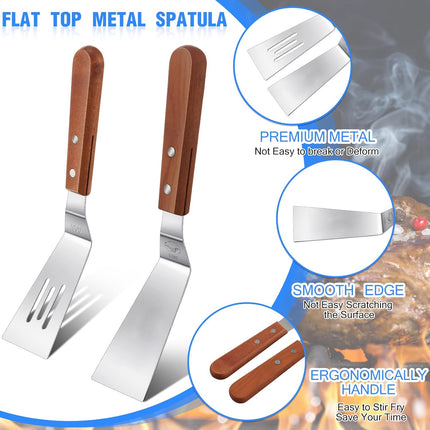 3 Pieces Stainless Steel Cooking Spatula Set Flat Top Metal Spatula Stainless Steel Wire Cheese Cutter Tool Slotted Spatula with Wooden Handle for Grilling Frying and Cooking.