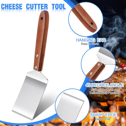 3 Pieces Stainless Steel Cooking Spatula Set Flat Top Metal Spatula Stainless Steel Wire Cheese Cutter Tool Slotted Spatula with Wooden Handle for Grilling Frying and Cooking.