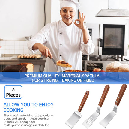 3 Pieces Stainless Steel Cooking Spatula Set Flat Top Metal Spatula Stainless Steel Wire Cheese Cutter Tool Slotted Spatula with Wooden Handle for Grilling Frying and Cooking.