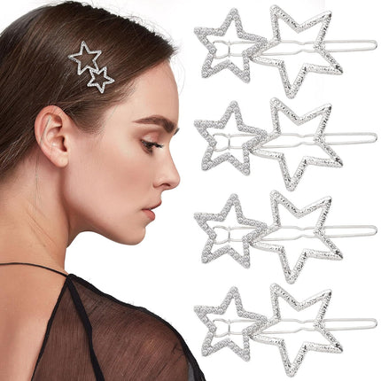 Star Hair Clips Pins Silver 8pcs, Star Hair Barrettes Elegant Metal Hair Clips Rhinestone Hairpin, Hollow Geometric Hair Pins for Women Girls Hair Styling Accessories.