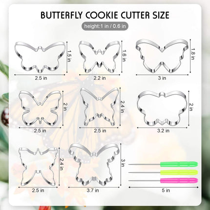 8 Pieces Butterfly Cookie Cutter Set Stainless Steel Metal Biscuit Cutter Mould and 6 Pieces Sugar Stirring Pins for Sandwich Chocolate Fondant Biscuit Cake Kitchen Baking.