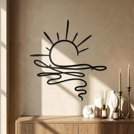 Sun Metal Wall Art Abstract Sunrise Sunset Sign Minimalist Black Line Wall Art Decor Sea Wave Modern Hanging Decor for Living Room Kitchen Bedroom Outdoor Housewarming Gifts 16.9 x 12.2 Inch.