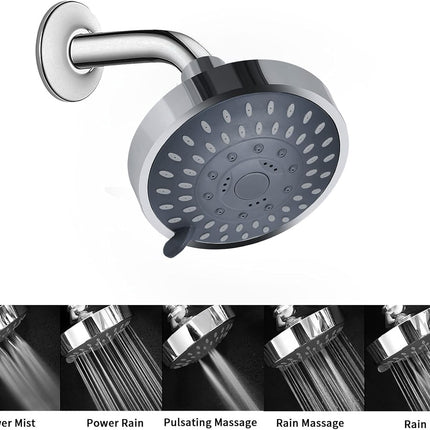 Shower Head, High Pressure Shower Heads 4.1 Inch 5 Settings Rain High Flow Fixed Showerhead for Luxury Shower Experience Even at Low Water Pressure, Chrome.