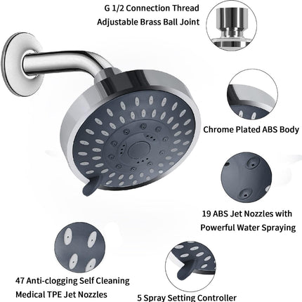 Shower Head, High Pressure Shower Heads 4.1 Inch 5 Settings Rain High Flow Fixed Showerhead for Luxury Shower Experience Even at Low Water Pressure, Chrome.