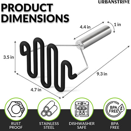 Non-Scratch Silicone Potato Masher Kitchen Tool, Potatoes Masher Potato Masher Stainless Steel Wrapped In Premium Silicone, Potato Smasher (Black).