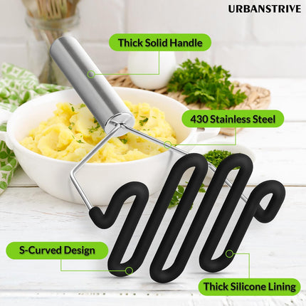 Non-Scratch Silicone Potato Masher Kitchen Tool, Potatoes Masher Potato Masher Stainless Steel Wrapped In Premium Silicone, Potato Smasher (Black).