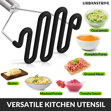 Non-Scratch Silicone Potato Masher Kitchen Tool, Potatoes Masher Potato Masher Stainless Steel Wrapped In Premium Silicone, Potato Smasher (Black).