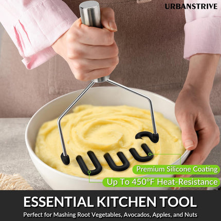 Non-Scratch Silicone Potato Masher Kitchen Tool, Potatoes Masher Potato Masher Stainless Steel Wrapped In Premium Silicone, Potato Smasher (Black).