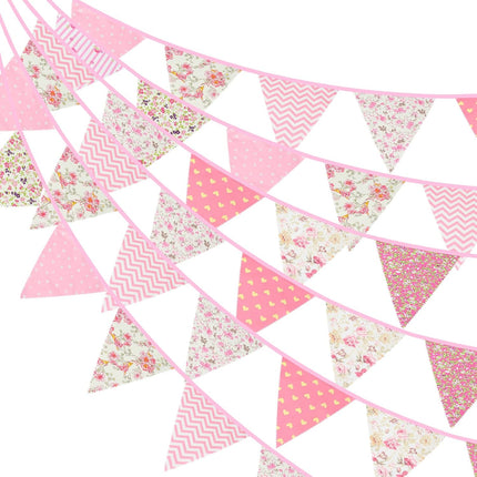39Ft Triangle Bunting Banner, 42Pcs Pink Floral Garland Pennant Banner, Reusable Cotton Triangle Flags Party Decoration for Birthday, Wedding, Garden Tea Party, Baby Shower, Room Decor.