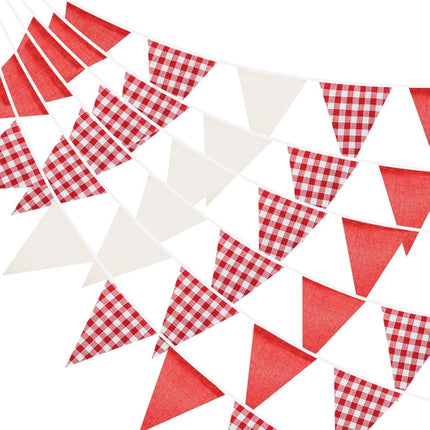 Red and White Gingham Fabric Bunting Banner, 32Ft Cotton Burlap Triangle Garland for Valentine’s Day, Wedding, Picnic, BBQ, Birthday Party & Outdoor Decorations.