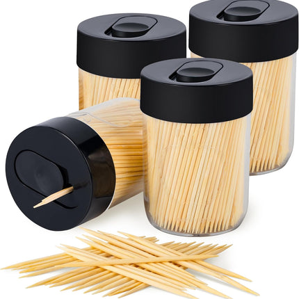 Sturdy Safe Toothpick Holder with 1600 Natural Wood Toothpicks for Teeth Cleaning, Unique Home Design Decoration, Unusual Gift, 4 Pack (Black).