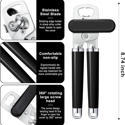 XL Large Heavy Duty Can Opener Manual Smooth Edge, Hand Held Can Openers for Seniors, Stainless Steel, Comfortable Handle, Built-in Bottle Opener, 8.66 inch (Black).