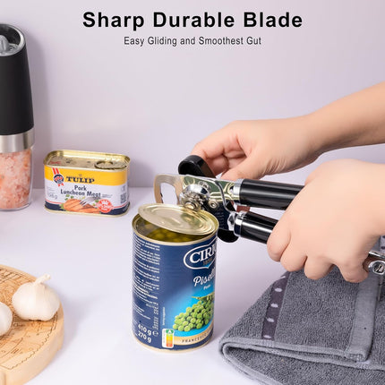 XL Large Heavy Duty Can Opener Manual Smooth Edge, Hand Held Can Openers for Seniors, Stainless Steel, Comfortable Handle, Built-in Bottle Opener, 8.66 inch (Black).
