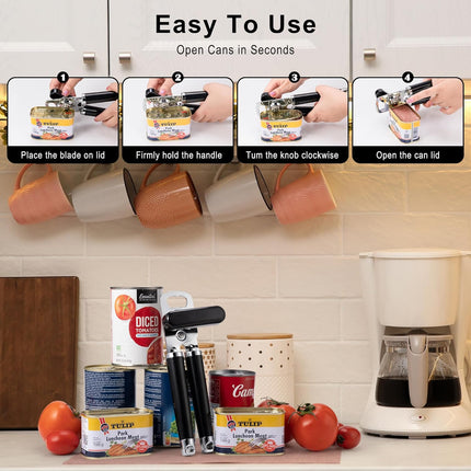 XL Large Heavy Duty Can Opener Manual Smooth Edge, Hand Held Can Openers for Seniors, Stainless Steel, Comfortable Handle, Built-in Bottle Opener, 8.66 inch (Black).
