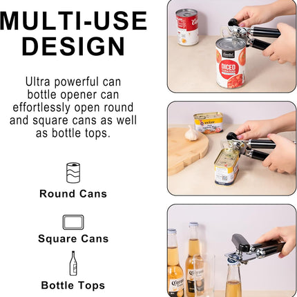 XL Large Heavy Duty Can Opener Manual Smooth Edge, Hand Held Can Openers for Seniors, Stainless Steel, Comfortable Handle, Built-in Bottle Opener, 8.66 inch (Black).