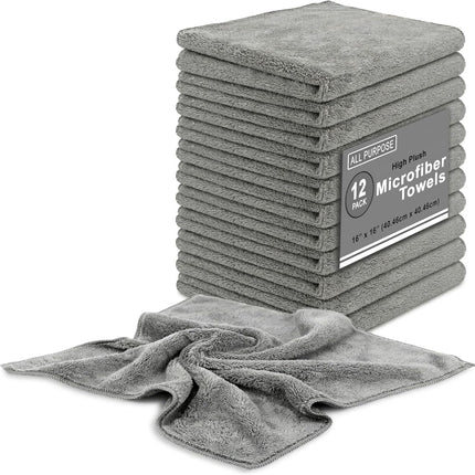 Microfiber Cleaning Towels High Plush All Purpose Cleaning Rags 12-Pack 16x16 for Professional Polishing Waxing Removal as Car Auto Detailing Washcloths.