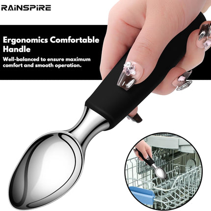Ice Cream Scoop Stainless Steel, Ice Cream Scooper Professional Large Ice Cream Scoops With Non-Slip Rubber Handle, Ice Cream Spade for Cookie Dough, Gelato, Sorbet, Melon (Black).