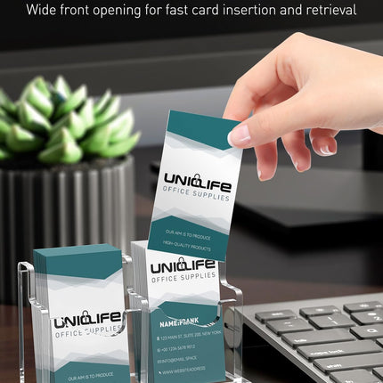 Acrylic Business Card Holder for Desk 2 Slot Clear Vertical Business Card Display Stand for Men and Women Desktop Name Card Organizer Card Stand for Office Home Exhibition, 120 Card Capacity.