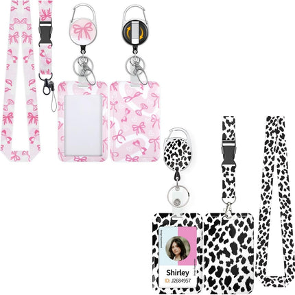 Fashionable Sliding Badge Holder Bowknot Pattern & Leopard Print Plastic Card Holder with Retractable Badge Reel Carabiner & Detachable Lanyard Vertical Card Protector.