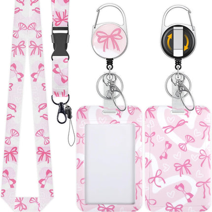 Fashionable Sliding Badge Holder Bowknot Pattern & Leopard Print Plastic Card Holder with Retractable Badge Reel Carabiner & Detachable Lanyard Vertical Card Protector.