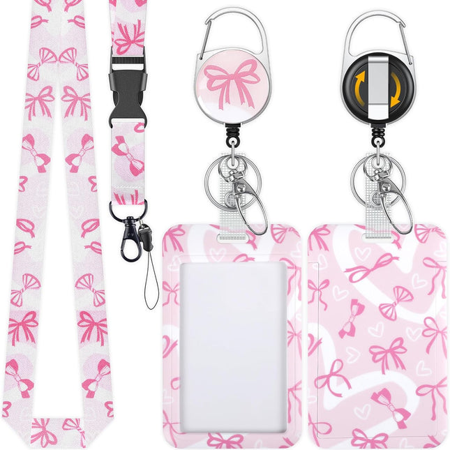 Fashionable Sliding Badge Holder Bowknot Pattern & Leopard Print Plastic Card Holder with Retractable Badge Reel Carabiner & Detachable Lanyard Vertical Card Protector.