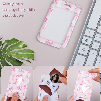 Fashionable Sliding Badge Holder Bowknot Pattern & Leopard Print Plastic Card Holder with Retractable Badge Reel Carabiner & Detachable Lanyard Vertical Card Protector.