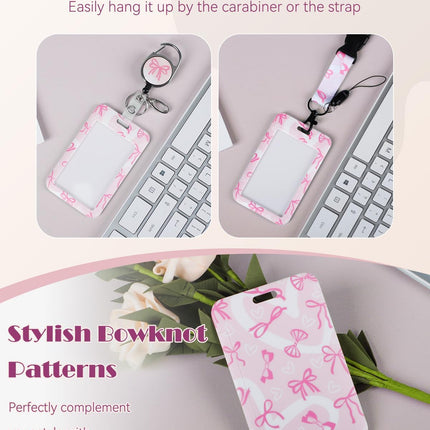 Fashionable Sliding Badge Holder Bowknot Pattern & Leopard Print Plastic Card Holder with Retractable Badge Reel Carabiner & Detachable Lanyard Vertical Card Protector.