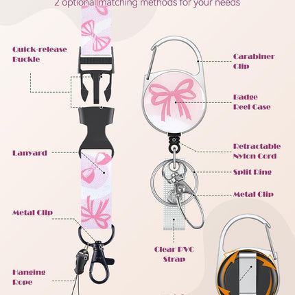 Fashionable Sliding Badge Holder Bowknot Pattern & Leopard Print Plastic Card Holder with Retractable Badge Reel Carabiner & Detachable Lanyard Vertical Card Protector.