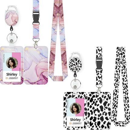 Pink Marble Pattern & Snow Leopard Print Plastic Card Holder with Retractable Badge Reel Carabiner Detachable Lanyard Vertical Card Protector for Office Worker Student.