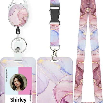 Pink Marble Pattern & Snow Leopard Print Plastic Card Holder with Retractable Badge Reel Carabiner Detachable Lanyard Vertical Card Protector for Office Worker Student.