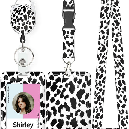 Pink Marble Pattern & Snow Leopard Print Plastic Card Holder with Retractable Badge Reel Carabiner Detachable Lanyard Vertical Card Protector for Office Worker Student.