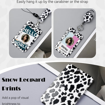 Pink Marble Pattern & Snow Leopard Print Plastic Card Holder with Retractable Badge Reel Carabiner Detachable Lanyard Vertical Card Protector for Office Worker Student.