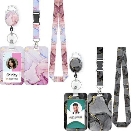 Marbling Sliding Badge Holder Pink & Black Marble Pattern Plastic Card Holder with Retractable Badge Reel Carabiner Detachable Lanyard Vertical Card Protector for Office Worker Student.