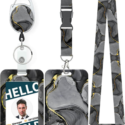 Marbling Sliding Badge Holder Pink & Black Marble Pattern Plastic Card Holder with Retractable Badge Reel Carabiner Detachable Lanyard Vertical Card Protector for Office Worker Student.