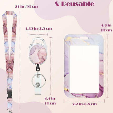 Marbling Sliding Badge Holder Pink & Black Marble Pattern Plastic Card Holder with Retractable Badge Reel Carabiner Detachable Lanyard Vertical Card Protector for Office Worker Student.