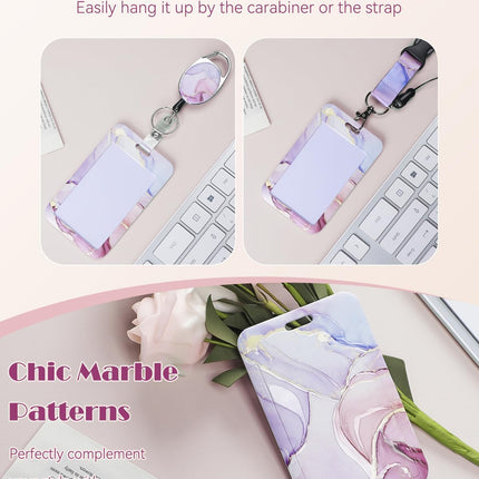 Marbling Sliding Badge Holder Pink & Black Marble Pattern Plastic Card Holder with Retractable Badge Reel Carabiner Detachable Lanyard Vertical Card Protector for Office Worker Student.
