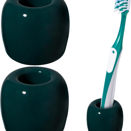 Ceramic Toothbrush Holders for Bathrooms, Sleek Tooth Brush Holder Toothbrush Stand Tooth Brushing Holder, Portable Bathroom Accessories Organizer, Dark Green, 2 Pack.