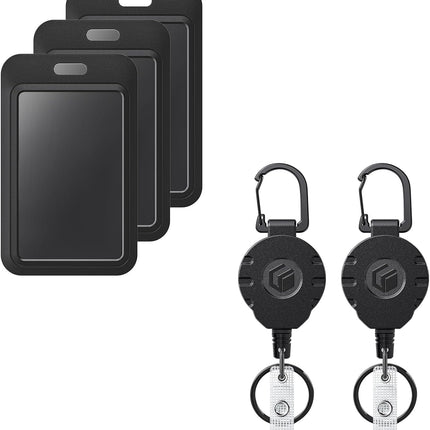 3 Pack Sliding Badge Holder Vertical Plastic Case and 2 Pack Retractable Keychain Badge Reel for up to 8 oz Hard Card Protector.