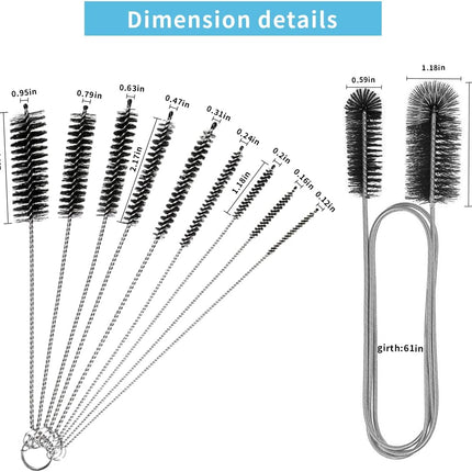 10PCS Flexible Drain Brush Straw Cleaner Brush Set,Pipe Cleaners Brush,61Inch Stainless Steel Double-Ended Hose Brush 8.2Inch Nylon Long CPAP Tube Cleaning Brush for Home Kitchen Sink Plumbing.