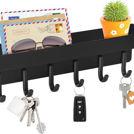 Key Holder Wall Mount, Compact Adhesive Key Rack with Tray, 6 Hooks, 2 Mount Options, Black.