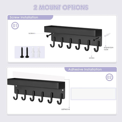 Key Holder Wall Mount, Compact Adhesive Key Rack with Tray, 6 Hooks, 2 Mount Options, Black.