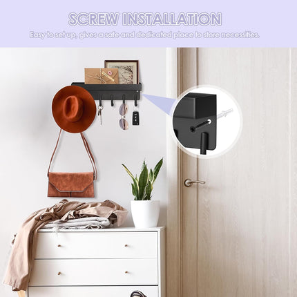 Key Holder Wall Mount, Compact Adhesive Key Rack with Tray, 6 Hooks, 2 Mount Options, Black.
