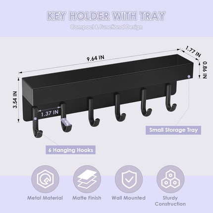 Key Holder Wall Mount, Compact Adhesive Key Rack with Tray, 6 Hooks, 2 Mount Options, Black.