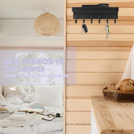 Key Holder Wall Mount, Compact Adhesive Key Rack with Tray, 6 Hooks, 2 Mount Options, Black.