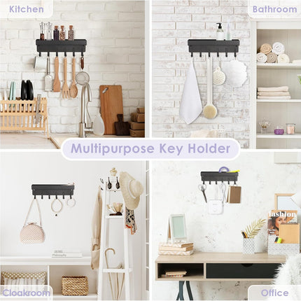Key Holder Wall Mount, Compact Adhesive Key Rack with Tray, 6 Hooks, 2 Mount Options, Black.