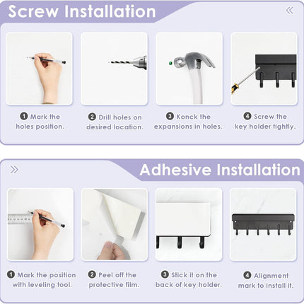 Key Holder Wall Mount, Compact Adhesive Key Rack with Tray, 6 Hooks, 2 Mount Options, Black.