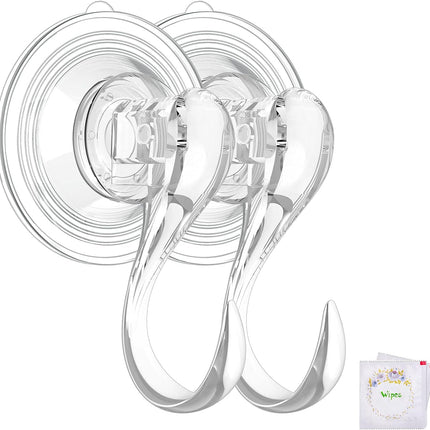 Suction Cup Hooks, Small Shower Suction Hooks with Wipes, Heavy Duty, Removable and Reusable, Clear, 2 Pcs.