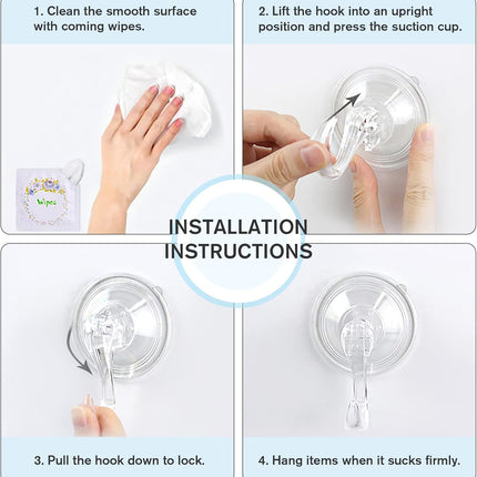 Suction Cup Hooks, Small Shower Suction Hooks with Wipes, Heavy Duty, Removable and Reusable, Clear, 2 Pcs.